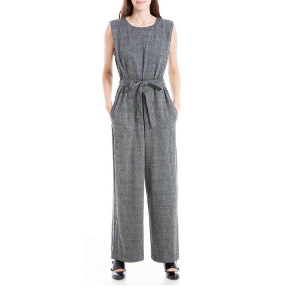 Max Studio Black‎ Plaid Sleeveless Wide Leg Jumpsuit Medium